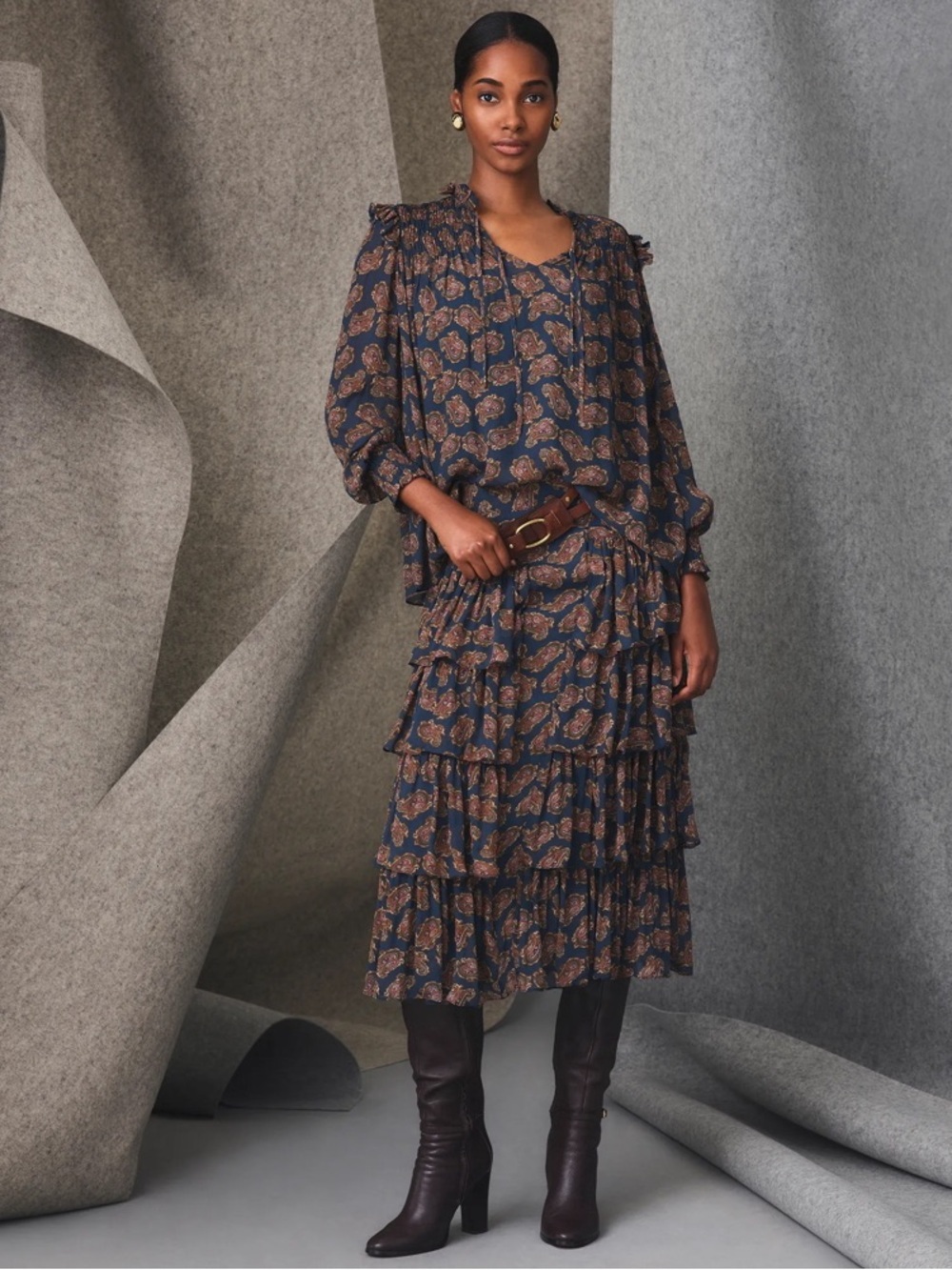 Brooks Brothers Navy Tiered Paisley Chiffon Boho Coastal Cowgirl Midi Skirt 2